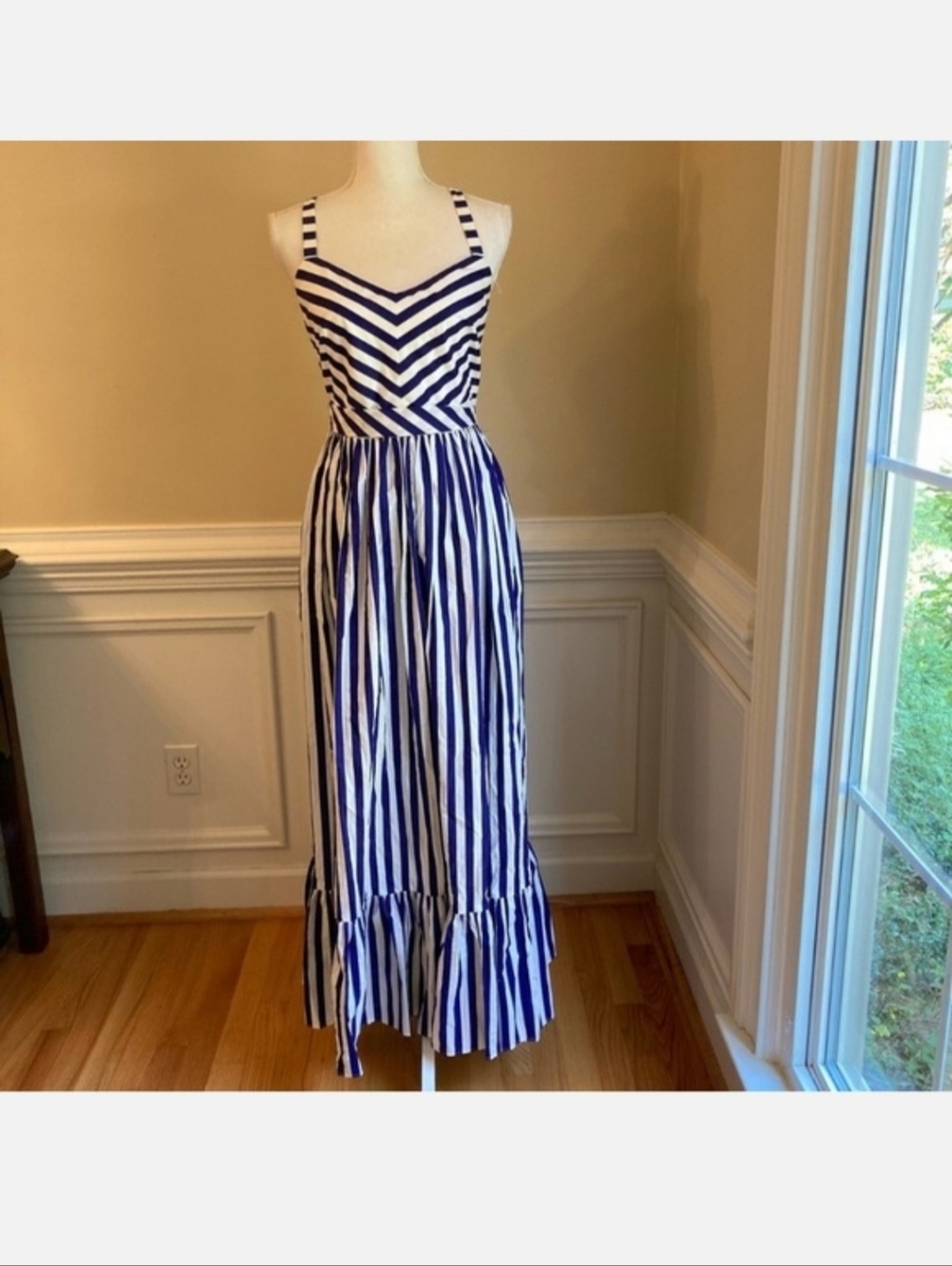 J CREW Blue White Cabana Stripe Ruffle Maxi Dress NWT - Picture 2 of 9